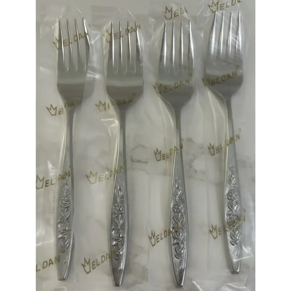 NEW Eldan ELD18 Set Of 4 Salad Forks MAY ROSE Textured Roses Stainless Vtg MCM